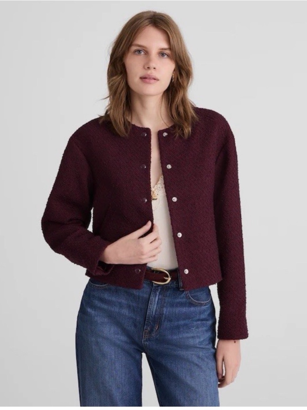 NWOT Madewell Burgundy Tweed Cropped Collarless Jacket